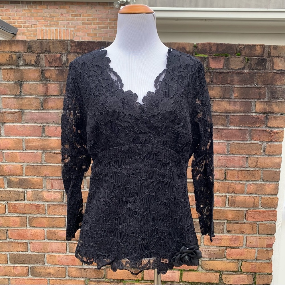 Vintage Parisian Signature Black Lace 3/4 Sleeve Blouse XL